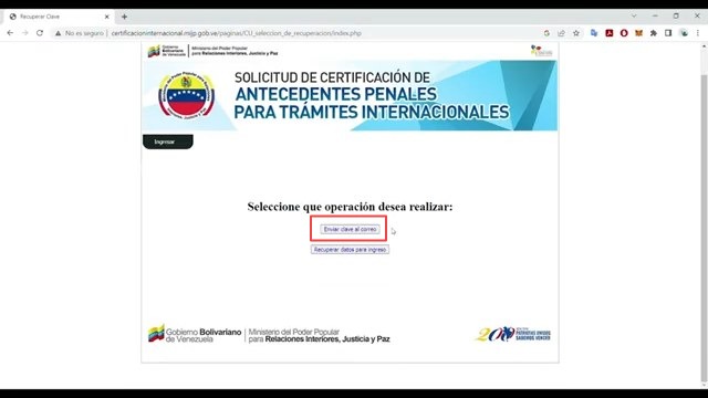 Selección de la opción para enviar clave al correo