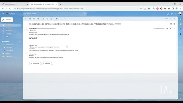 Visualización de la clave temporal en el correo electrónico