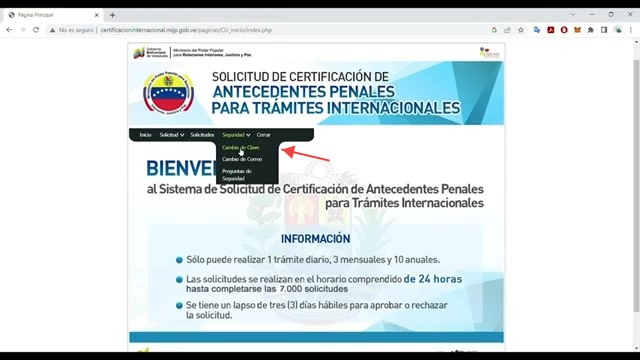 Ruta para acceder al cambio de clave en el menú Seguridad