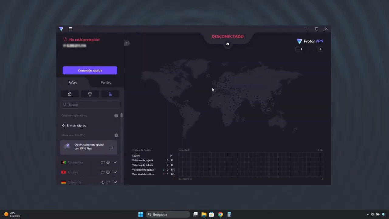 Interfaz de la aplicación Proton VPN mostrando el botón de conexión rápida