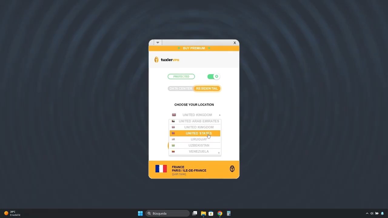 Selección de Venezuela en el menú de ubicaciones de Tuxler VPN